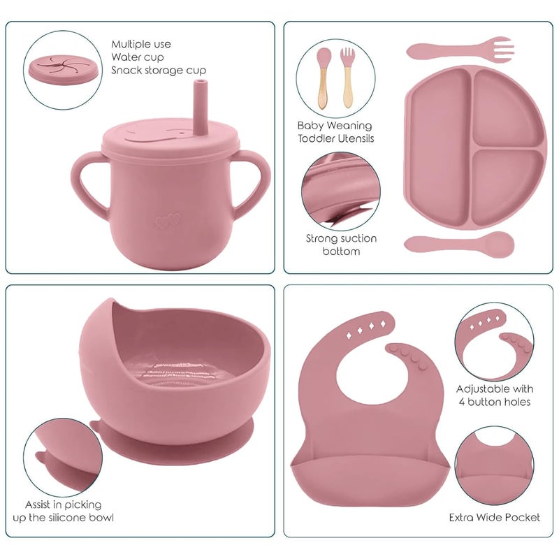 Dormlony 100% Silicone Baby Feeding Set,BPA Free Baby Dishes Set with Suction Bowl Divided Plate,Toddler Self Feeding Dish Set with Spoons Forks Sippy Cup and Bib, Baby Eating Utensils (Coral) - Image 4